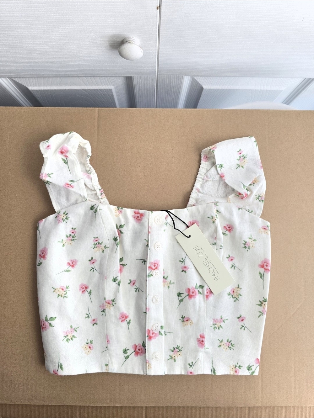 Rachel Zoe White Floral Crop Top with Pink & Green Print Size XS